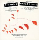 The image is a CD cover for a piano concerto album. Alt text: A white CD cover with abstract red shapes and black text.