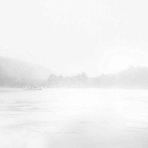 The image is a white, foggy landscape with a body of water and trees. alt text: Foggy landscape with a body of water and trees in the distance.