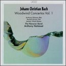 CD cover for J.C. Bach's Woodwind Concertos, featuring abstract green and yellow wavy design.