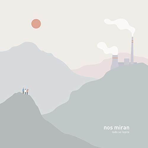 Vinyl album cover featuring an illustration of mountains, a factory, and three figures.