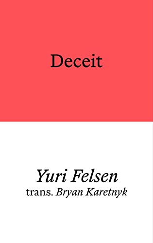 Book cover with a red top half, white bottom half, black text reading Deceit.