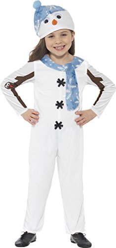 Young girl wearing a white snowman costume with blue scarf and hat.