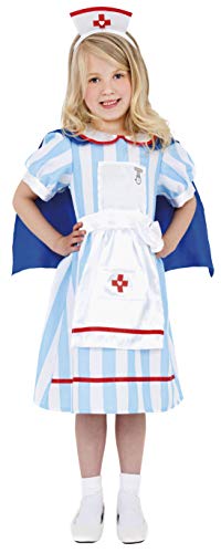 Young girl wearing a blue and white striped nurse costume with a red cross.