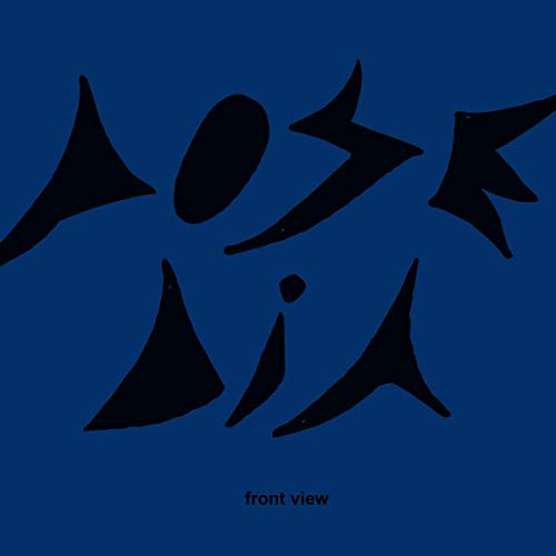 The image depicts a vinyl record cover with a blue background and black abstract shapes. Alt text: Blue vinyl record cover with black abstract shapes and "front view" text.