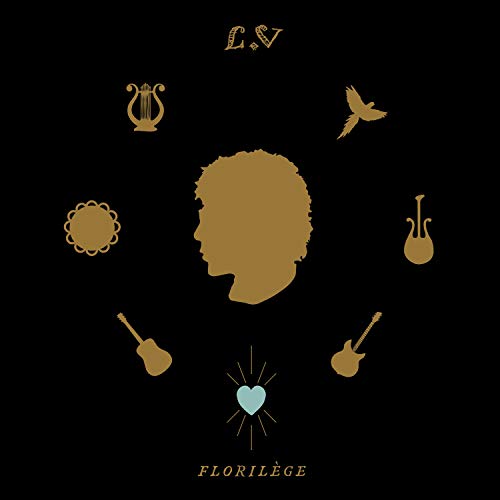 "Black album cover with gold silhouettes and a blue heart, featuring 'Florilège' text."