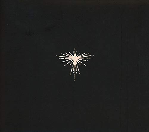 A white starburst design centered on a black background.
