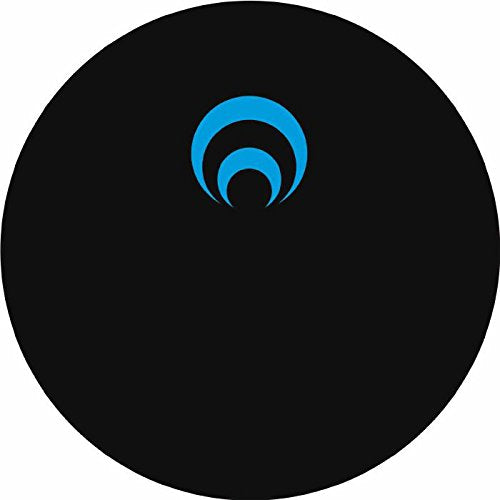 A black vinyl record with a blue spiral logo on a white background.