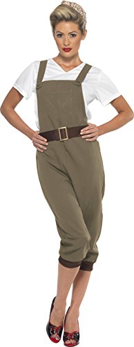 Woman wearing green WW2 Land Girl overalls, white t-shirt, and floral heels, posing confidently.