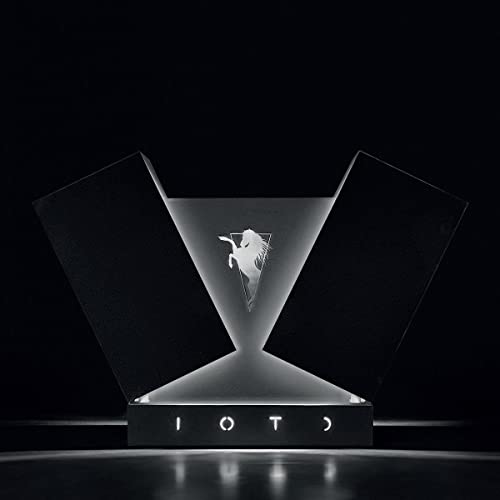 Black and white album cover with a white unicorn in a triangle.