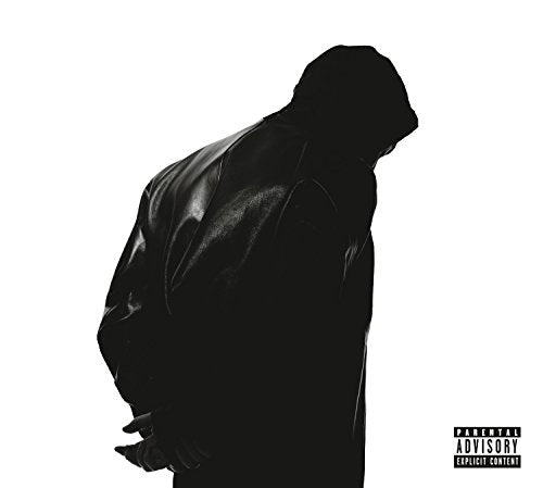 Silhouette of a person in a hoodie and leather jacket, with parental advisory logo.