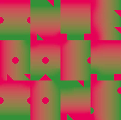 A vinyl record cover with a red and green abstract geometric pattern.