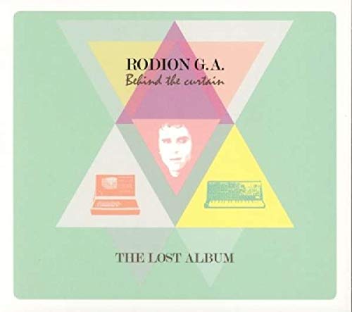 "CD cover with geometric shapes, laptops, and a face on a teal background."