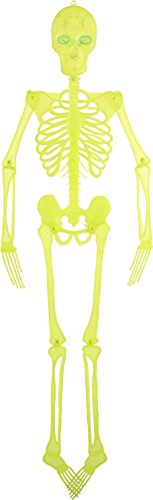 The image depicts a neon green skeleton with glowing green eyes against a white background.