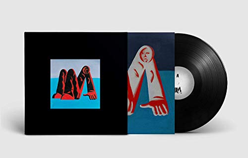 "Black vinyl record with abstract album cover featuring red and white figures on blue."