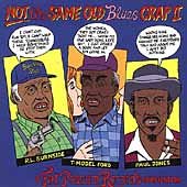 "Album cover with cartoon illustrations of three men and speech bubbles on a blue background."