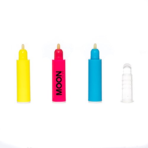 Three colourful pens (yellow, pink, blue) and one clear pen on a white background.