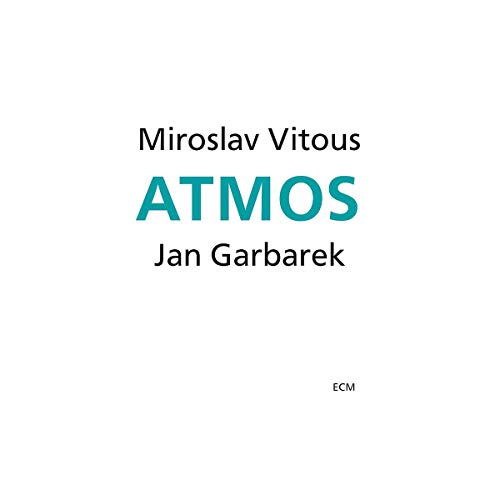 "White album cover with 'ATMOS' in teal, surrounded by artist names and 'ECM'."