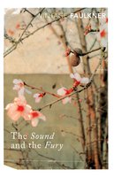 "Book cover with blossoming tree branches and a nest, titled 'The Sound and the Fury'."