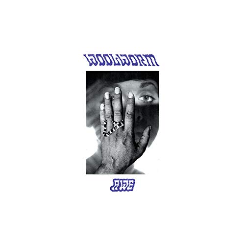 Black and white image of a hand covering a face, with blue text above and below.