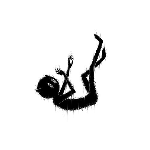 A black silhouette of a person falling, with a white background and abstract, sketchy style.