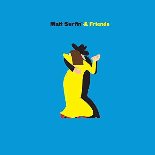 "Vinyl record cover with blue background, cartoon couple embracing, and 'Matt Surfin' & Friends' text."