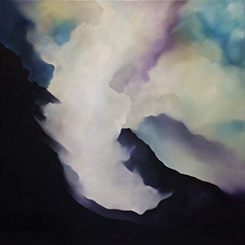 Abstract painting of white and purple clouds over dark shapes.