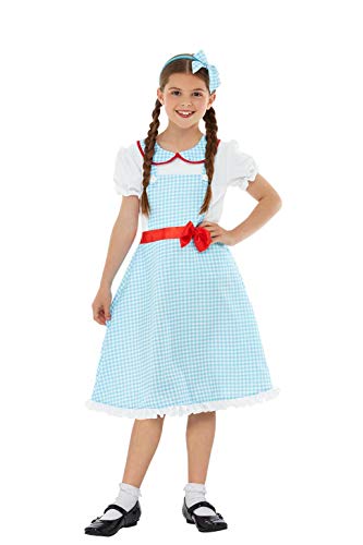 Young girl wearing blue gingham dress, red sash, white blouse, and black shoes, smiling confidently.