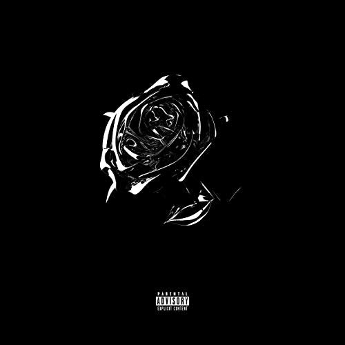 A black vinyl record cover featuring a white rose and a "Parental Advisory" label.