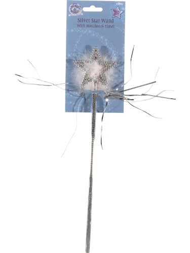 A silver wand with a star-shaped top, adorned with rhinestones and flowing ribbons.