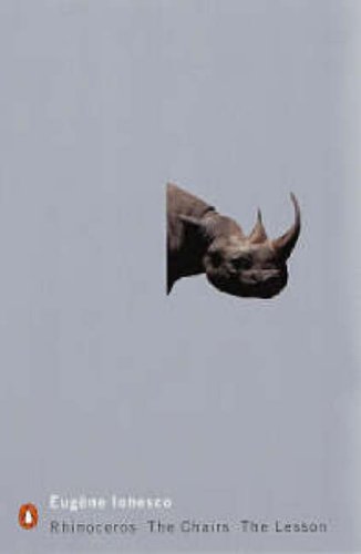 "Book cover with a rhinoceros image on a black background, white text."