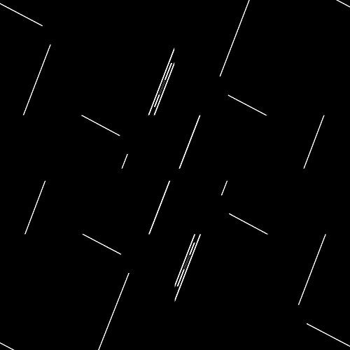 The image depicts a black background with white lines scattered across it. The lines vary in length and are positioned at different angles, creating a sense of movement and randomness. * The background is solid black, providing a stark contrast to the white lines. * The white lines are of varying lengths, ranging from short to long. * The lines are scattered across the image, with some appearing to be randomly placed while others seem to be aligned in a particular direction. * The overall effect is