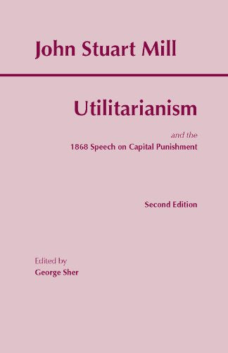 The alt text for the image is: "Pink book cover with 'Utilitarianism' and 'John Stuart Mill' in dark pink text."