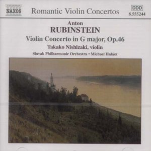 CD cover with landscape painting and text describing violin concerto by Anton Rubinstein.
