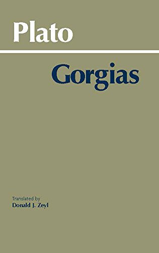 The image depicts a book cover with a muted green background. Alt text: Green book cover with "Plato" and "Gorgias" in white and blue text.