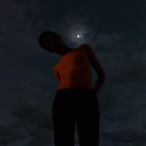 A shirtless man stands against a dark, cloudy sky with a full moon.