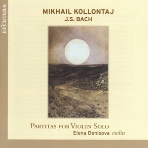 The image is a CD cover for 'Partitas for Violin Solo' by Elena Denisova. Alt text: A CD cover featuring a landscape painting with a large moon.