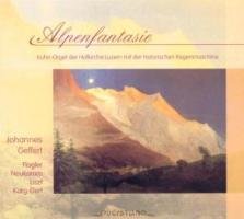 "CD cover with mountain landscape painting, yellow background, and 'Alpenfantasie' title in cursive."