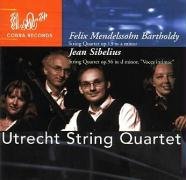 The image is a CD cover featuring a string quartet. Alt text: "CD cover with Utrecht String Quartet members playing string instruments."