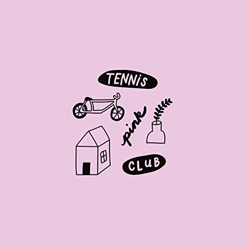 Pink vinyl record cover with black illustrations and text: tennis club, house, and tennis ball.