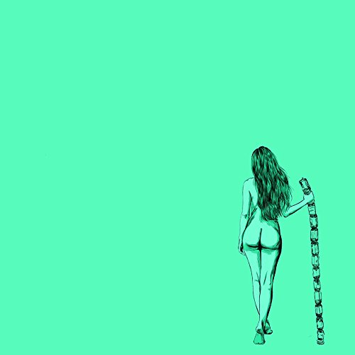 A vinyl record sleeve with a nude woman holding a chain on a green background.