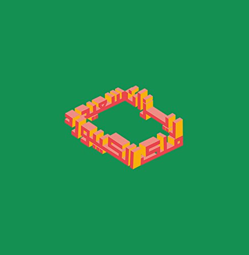 A 3D pixelated square frame in red and yellow on a green background.