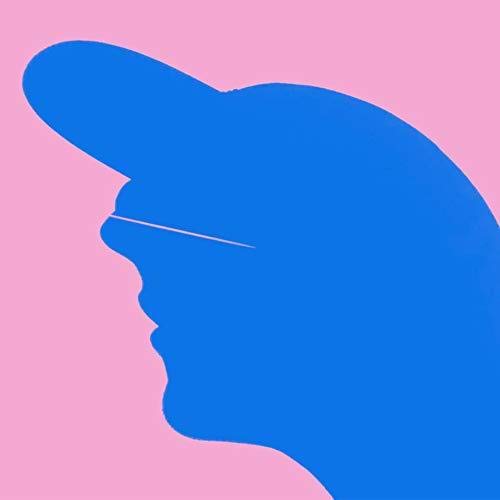 Blue silhouette of a man's head against a pink background.