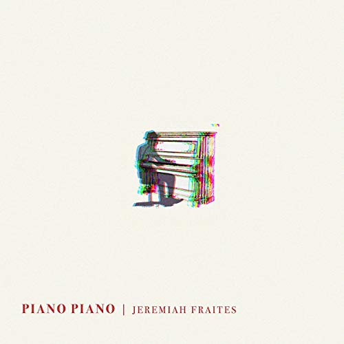 A man plays piano, glitch art effect, on a beige album cover background.
