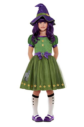 Young girl wearing a green witch costume with purple hat and shoes.