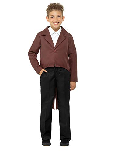 A young boy wearing a brown tailcoat, white shirt, and black trousers, standing against a white background.