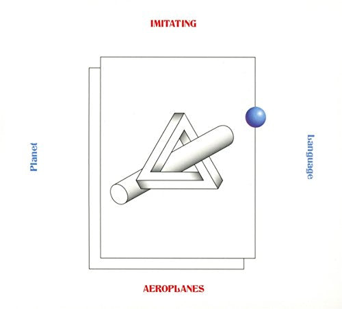"Album cover with 3D geometric shapes and a blue sphere on a white background."
