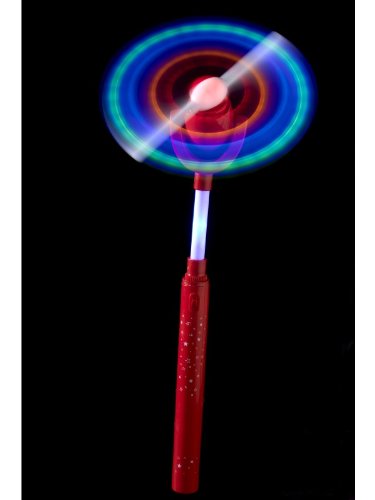 "Red handle with flashing, multicolored, spinning windmill on top, against a black background."