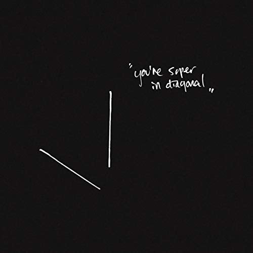 Black vinyl record cover with white handwritten text and simple line art design.