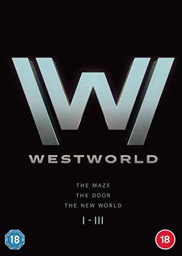 "Westworld DVD cover with silver 'W' logo, black background, and '18' rating badges."