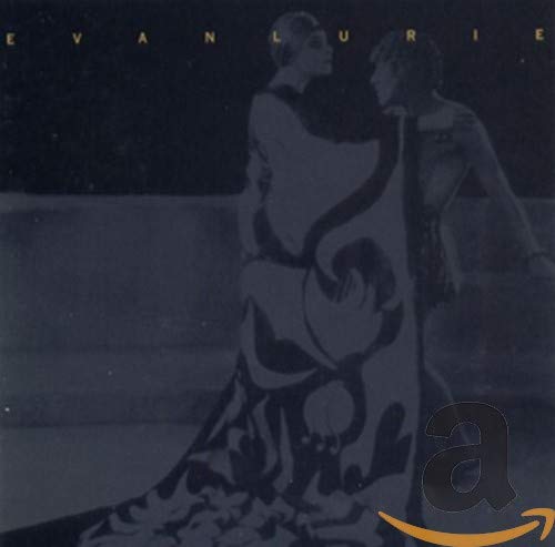 "Black and white album cover with two figures and abstract design."